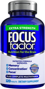 Focus Factor Adults Extra Strength, 120 Comprimidos - Suplemento para la Memoria, Concentración y Enfoque - Multivitamínico Completo con DMAE, Vitamina D, DHA