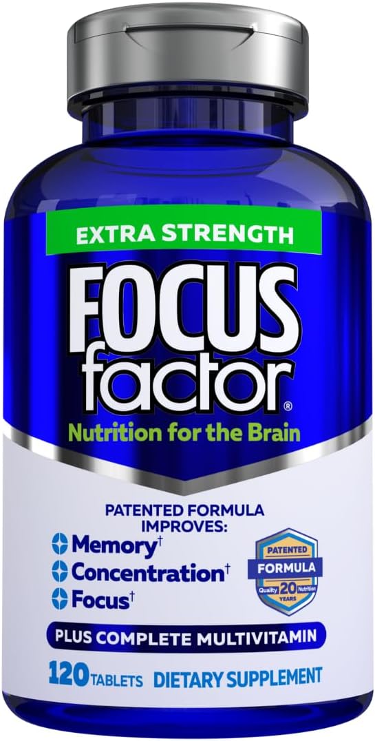 Focus Factor Adults Extra Strength, 120 Comprimidos - Suplemento para la Memoria, Concentración y Enfoque - Multivitamínico Completo con DMAE, Vitamina D, DHA
