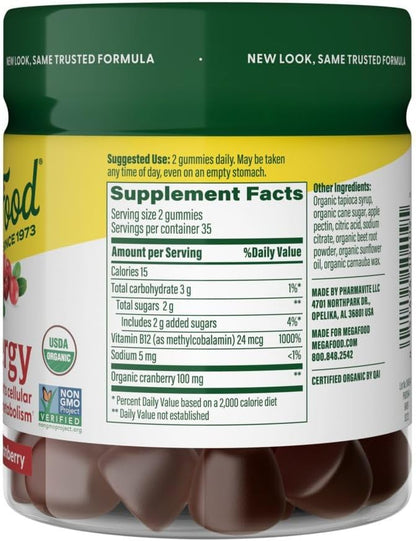 MegaFood Gominolas de Vitamina B12 Energy - Veganas, con Metil B12, Orgánicas - 70 Gominolas (35 Dosis)