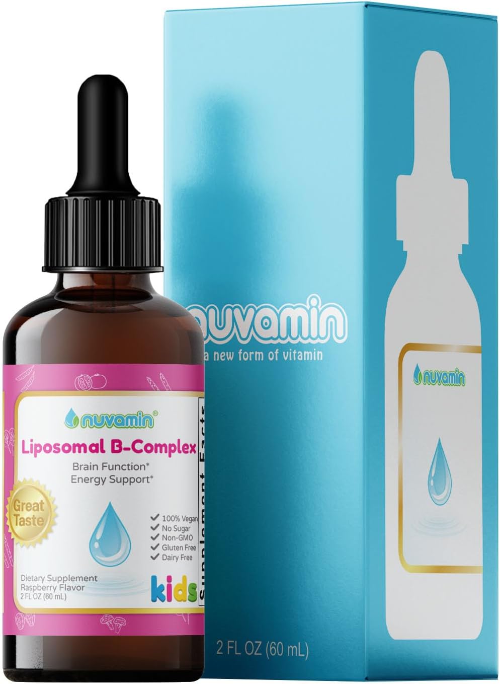 Nuvamin – Gotas Liposomales de Complejo B para Niños, Bebés y Adultos, 60 ml (2 Fl.Oz), Sabor Frambuesa