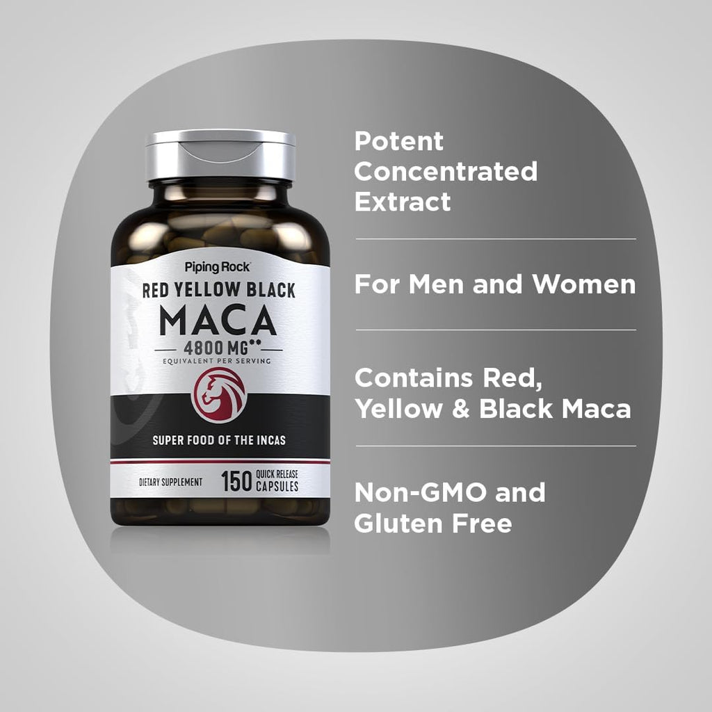 Piping Rock Cápsulas de Raíz de Maca | 150 Comprimidos | Para Hombres y Mujeres | Maca Roja, Amarilla y Negra | Sin OGM, Sin Gluten