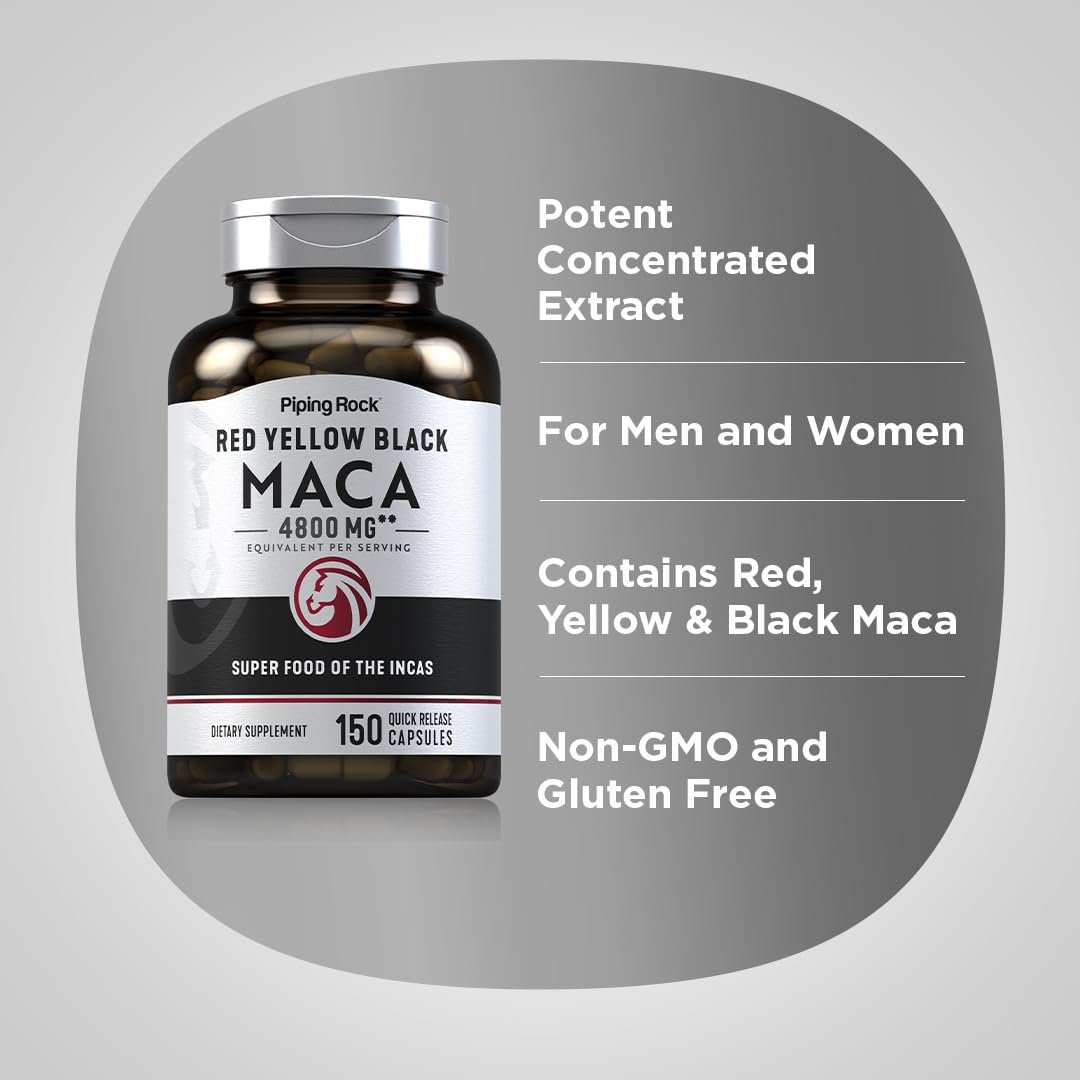 Piping Rock Cápsulas de Raíz de Maca | 150 Comprimidos | Para Hombres y Mujeres | Maca Roja, Amarilla y Negra | Sin OGM, Sin Gluten