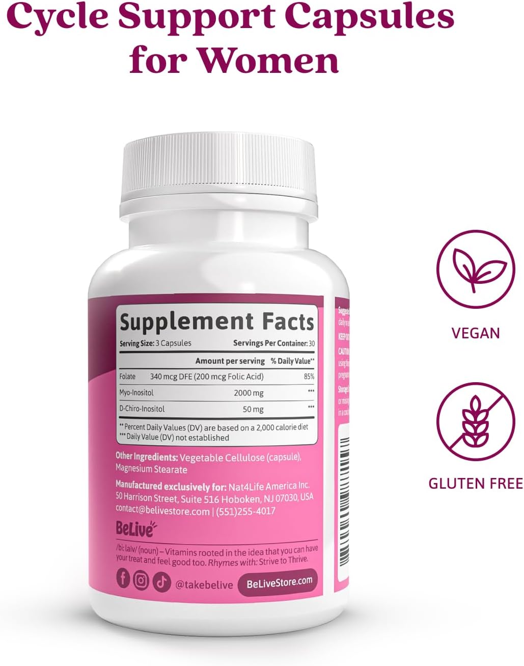 BeLive Myo-Inositol & D-Chiro Inositol Supplement – 2 Pack – 90 Cápsulas Cada – Ratio 40:1 con Ácido Fólico para Mujeres
