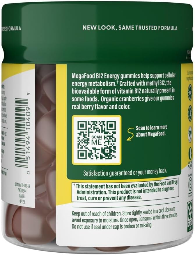 MegaFood Gominolas de Vitamina B12 Energy - Veganas, con Metil B12, Orgánicas - 70 Gominolas (35 Dosis)