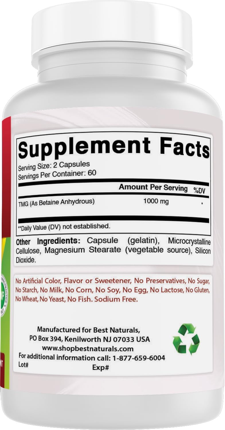 Best Naturals TMG Trimetilglicina (Betaína Anhidra) 1000 mg - 120 Cápsulas (Pack de 2)