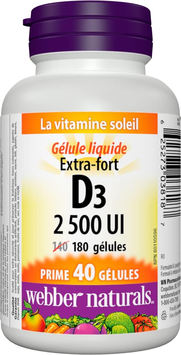 Webber Naturals Vitamina D3 2500 IU Extra Strength, 180 Cápsulas Blandas