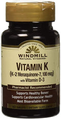 Windmill Natural Vitamins Vitamin K2 (Menaquinone-7, 100 mcg) + Vitamin D3 25 mcg (1000 IU), 60 Tablets