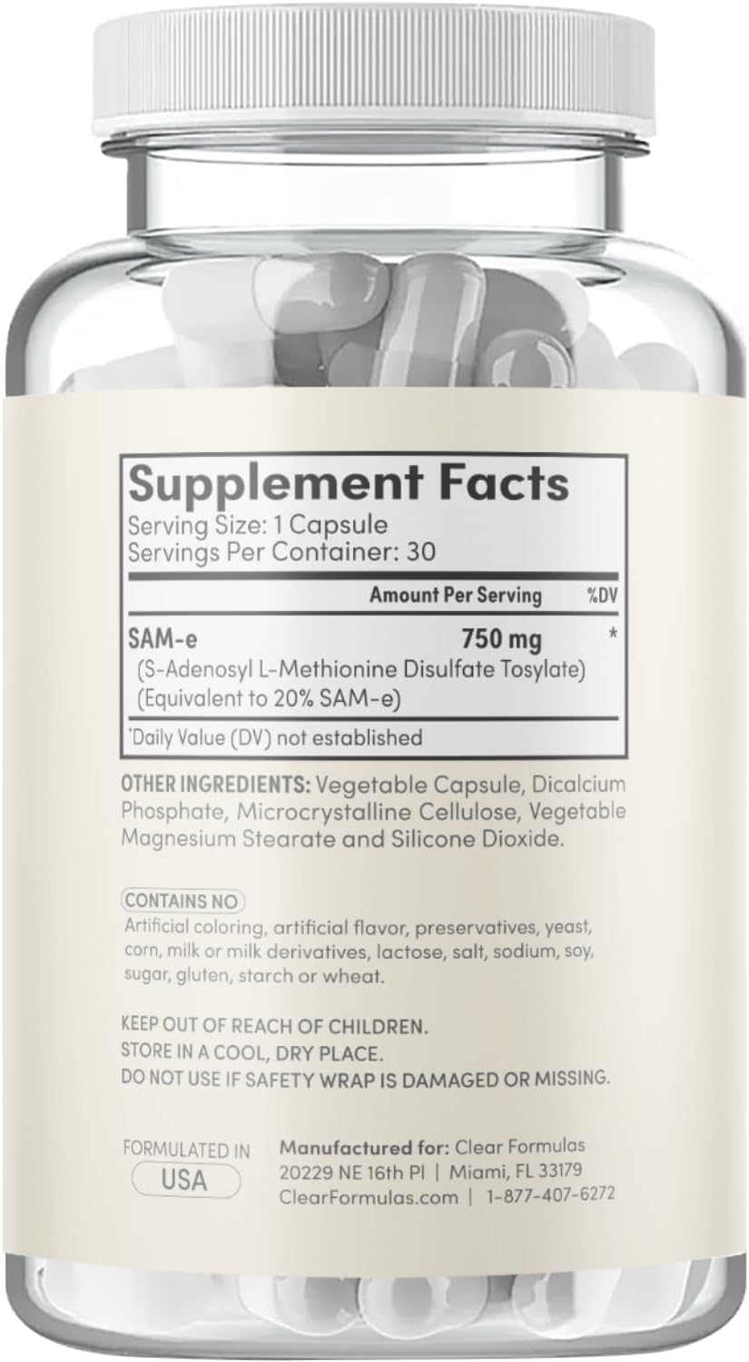 Clear Formulas Bioactive SAM-e 750mg – Apoyo Hepático y Anímico – 30 Cápsulas