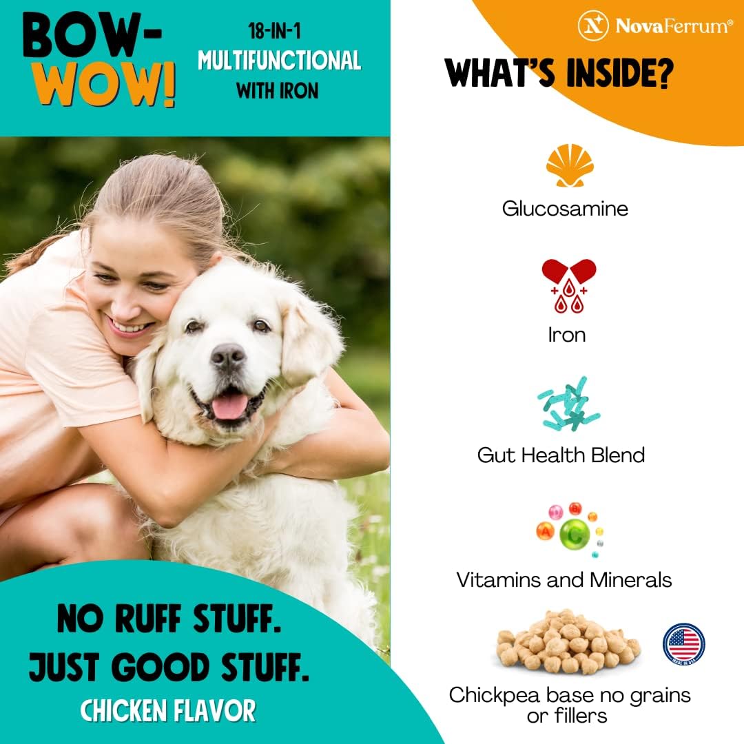 NovaFerrum Bow Wow | Suplemento multifuncional 18 en 1 con hierro para perros | Apoyo sanguíneo para anemia | Glucosamina | Probióticos | Antioxidantes | Sabor a pollo | 90 masticables