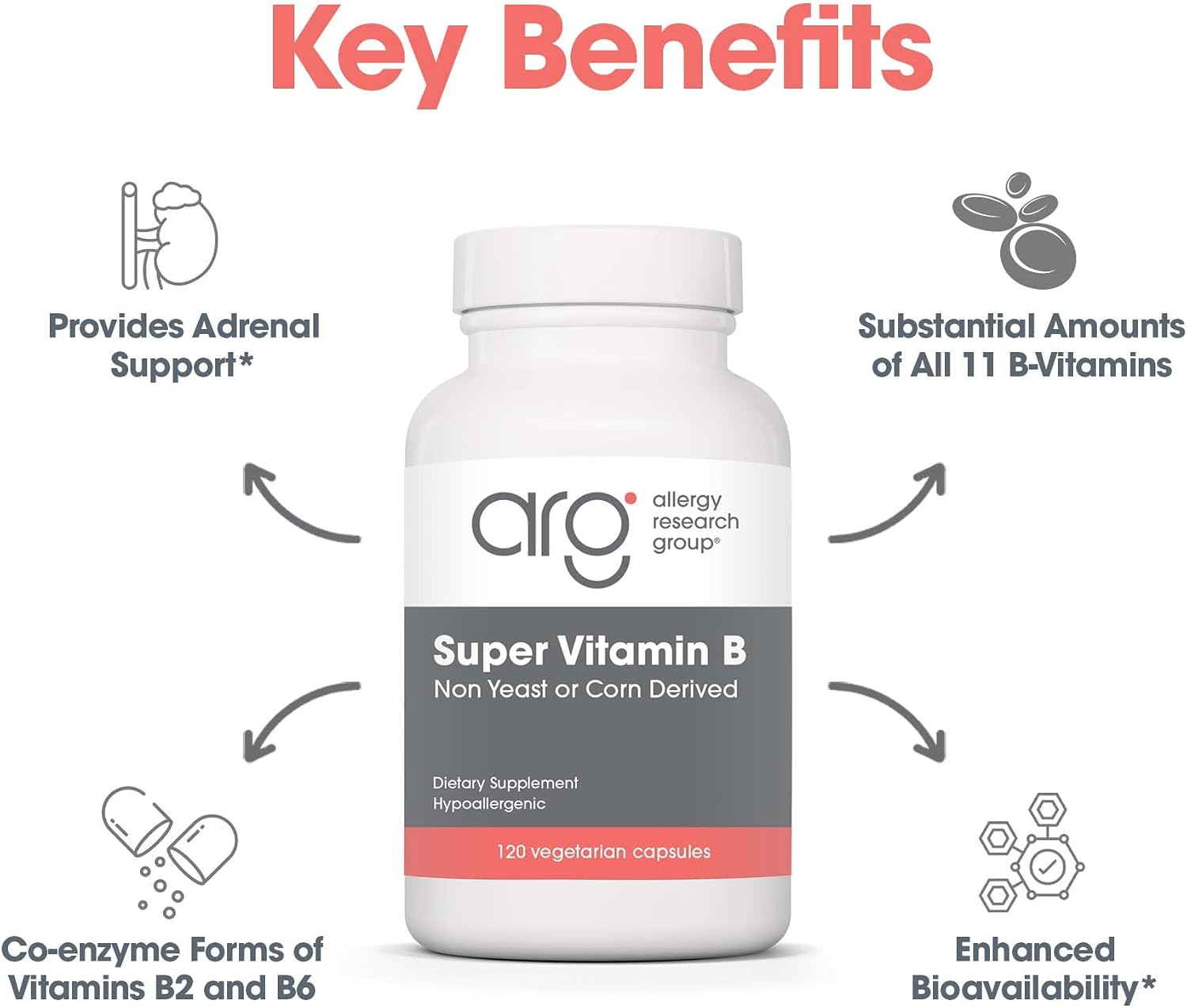 ARG Supervitamina B - Complejo B Completo con Coenzimas B2 y B6 - Hipoalergénico - 120 Cápsulas