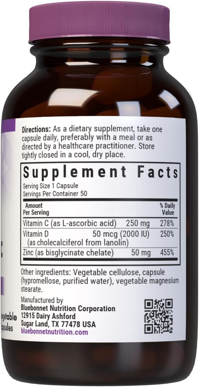 BlueBonnet Nutrition Vitamin C, D3 & Zinc – Complemento alimenticio con vitamina C, D3 y zinc, 50 cápsulas vegetales