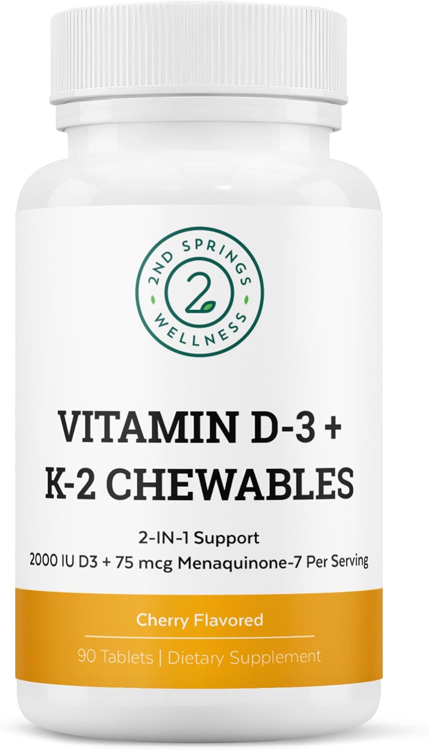 Vitamina D3 + K2 Masticables Sabor Cereza | 2000 UI Vitamina D, MK7 K2 (Menaquinona-7), Comprimidos para Adultos y Niños