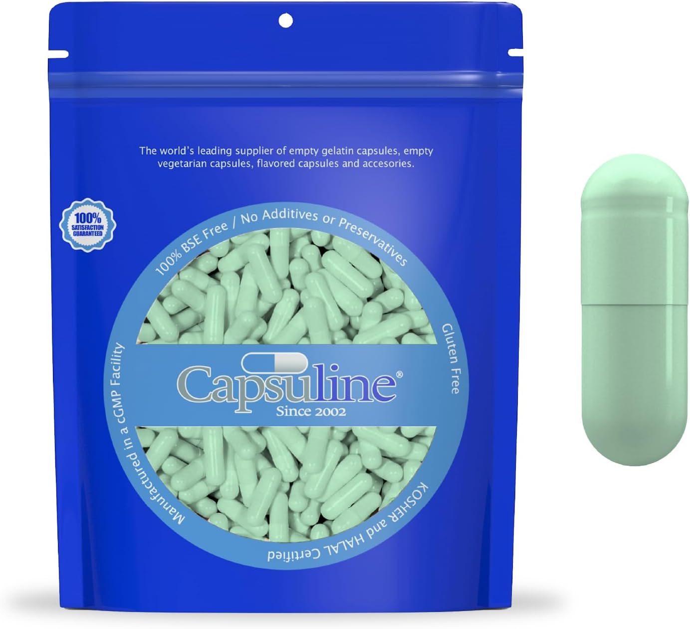 Cápsuline Cápsulas Vegetarianas Vacías Tamaño 00 - 1000 Unidades - Color Verde Salvia - Certificado Kosher y Halal - No GMO