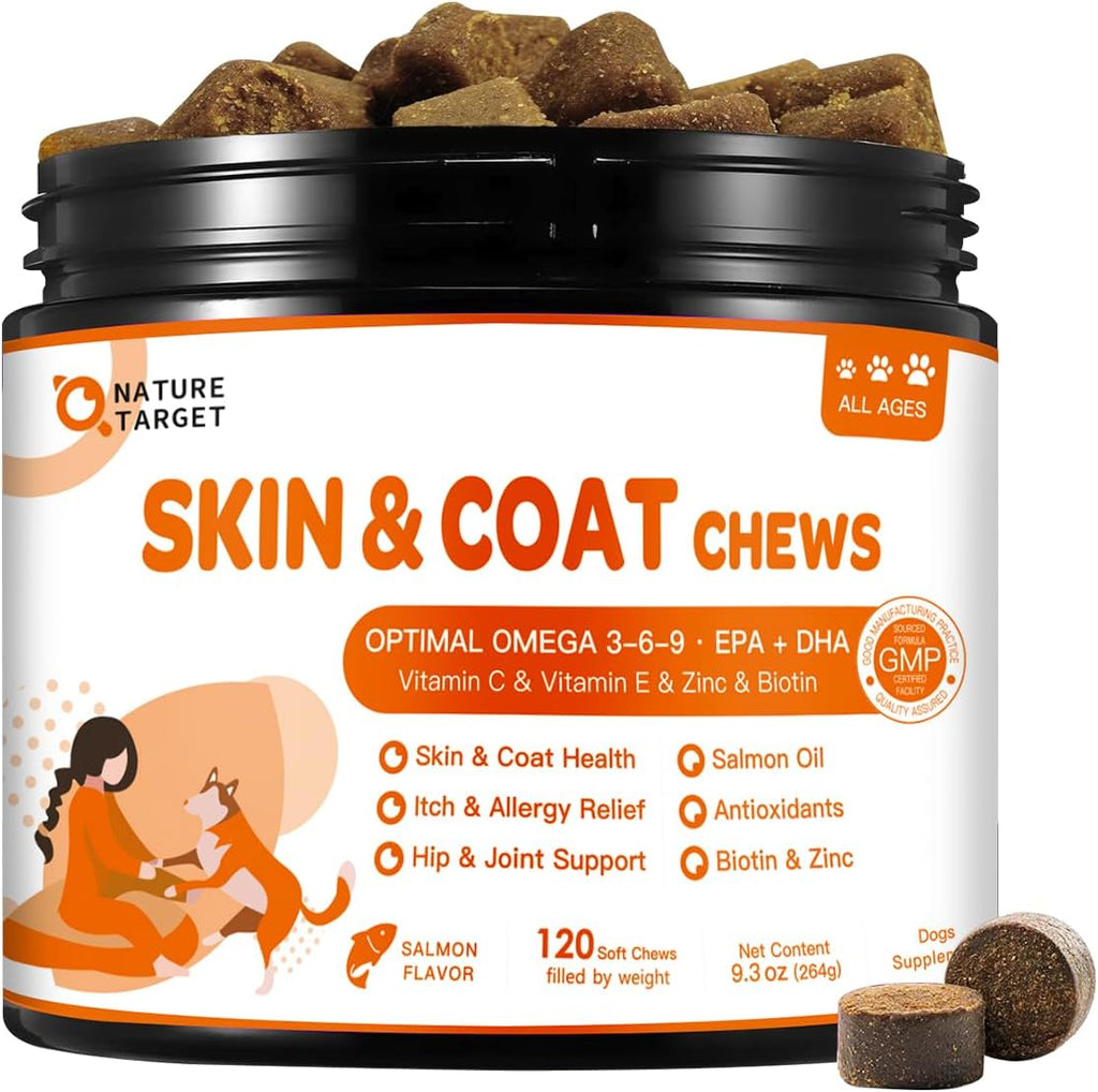 NATURE TARGET Omega 3 Aceite de Pescado para Perros, Suplemento de Piel y Pelaje con Omega 3-6-9 (EPA y DHA), Zinc, Biotina y Vitaminas E y C - 120 Golosinas Blandas Sabor Salmón