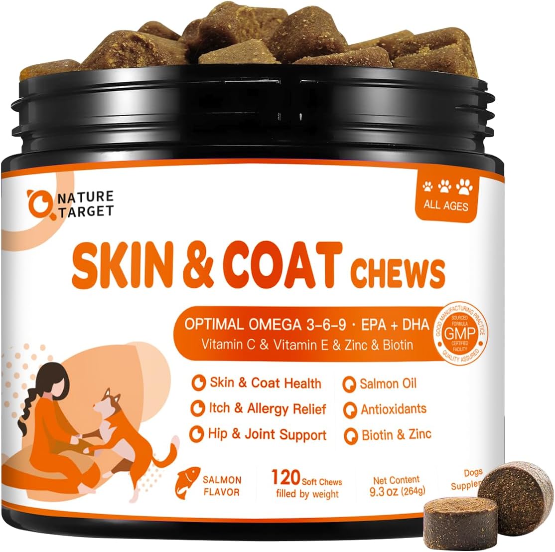 NATURE TARGET Omega 3 Aceite de Pescado para Perros, Suplemento de Piel y Pelaje con Omega 3-6-9 (EPA y DHA), Zinc, Biotina y Vitaminas E y C - 120 Golosinas Blandas Sabor Salmón