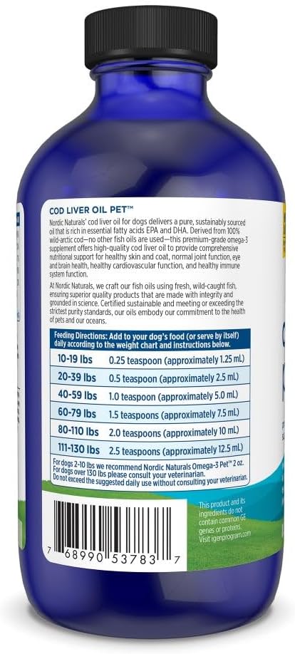 Nordic Naturals Cod Liver Oil for Dogs, Unflavored - 8 oz (237 ml) - 1048 mg Omega-3 per Teaspoon