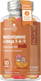 maxmedix Gomitas Multivitamínicas para Niños con Omega 3 6 9 | 20 Vitaminas Clave (C, A, D, E, B12) y Zinc – Sabor Frambuesa y Naranja, 120 Gomitas (2 Meses)