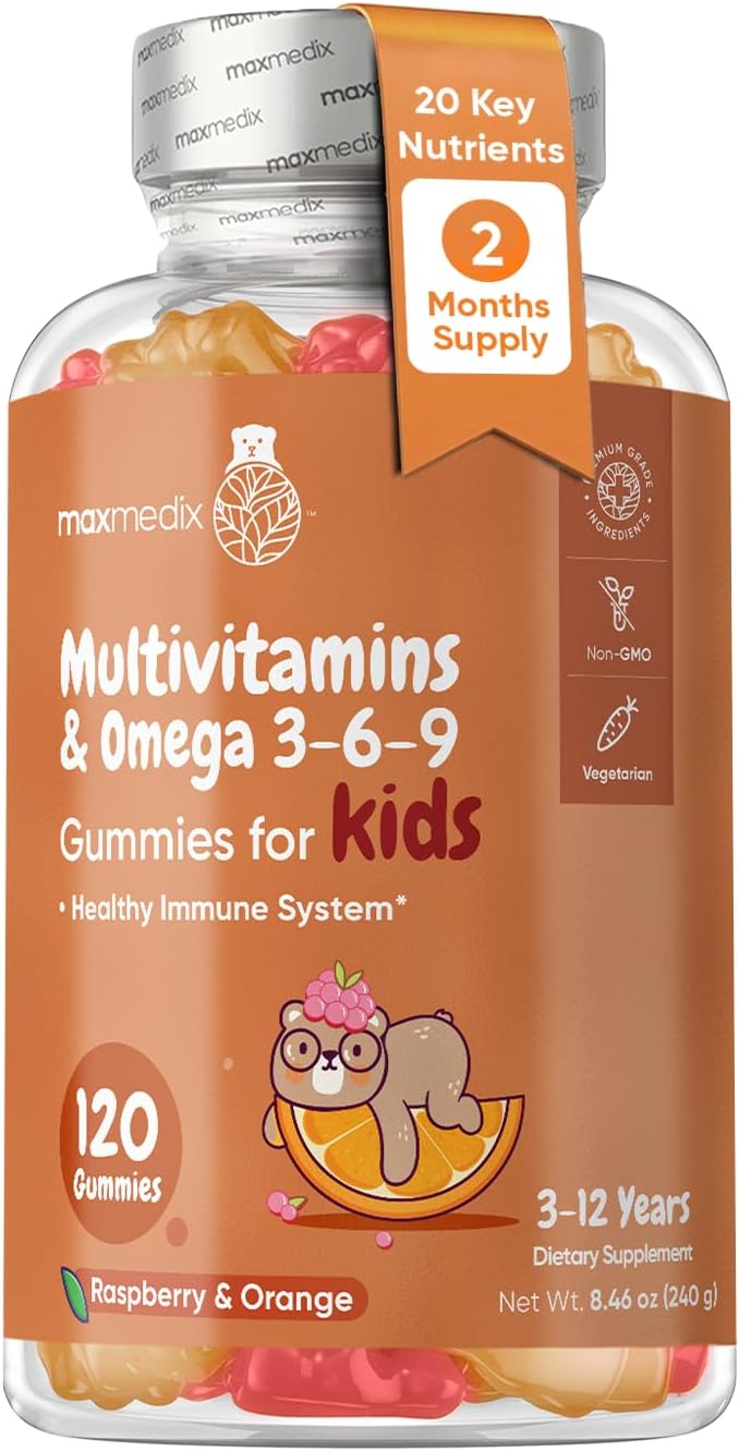 maxmedix Gomitas Multivitamínicas para Niños con Omega 3 6 9 | 20 Vitaminas Clave (C, A, D, E, B12) y Zinc – Sabor Frambuesa y Naranja, 120 Gomitas (2 Meses)
