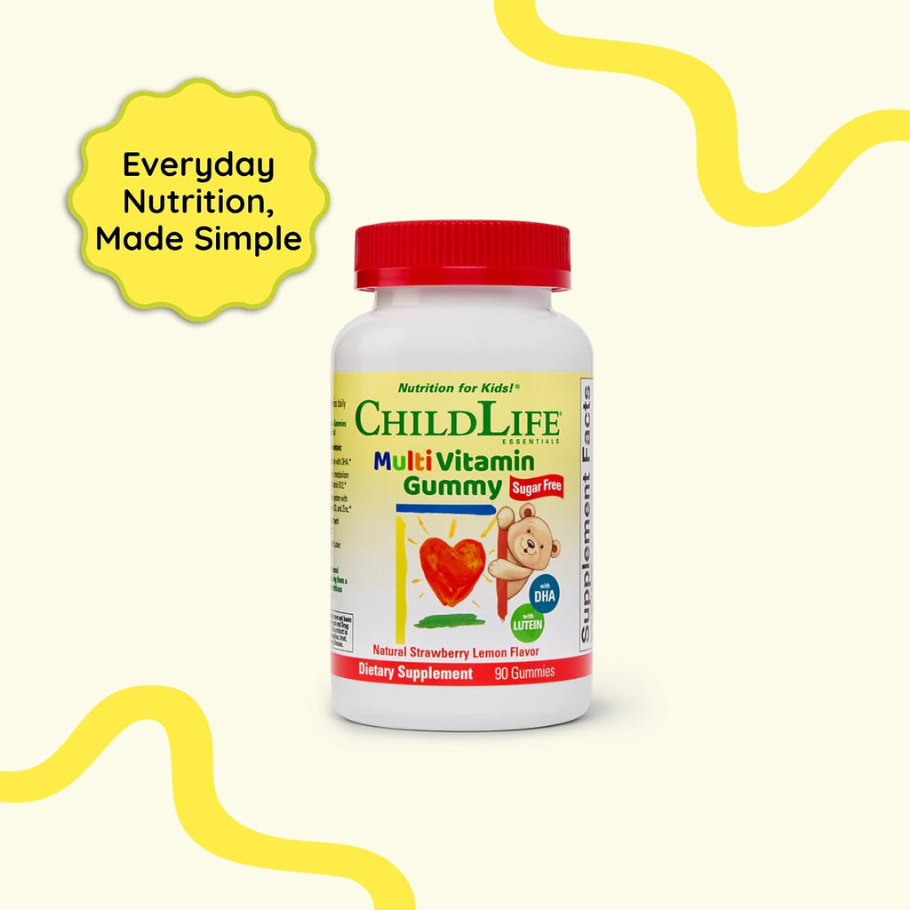 CHILDLIFE ESSENTIALS Multivitamin Gummies for Kids - Gominolas multivitamínicas para niños con DHA, sin azúcar, sabor fresa natural, 90 unidades
