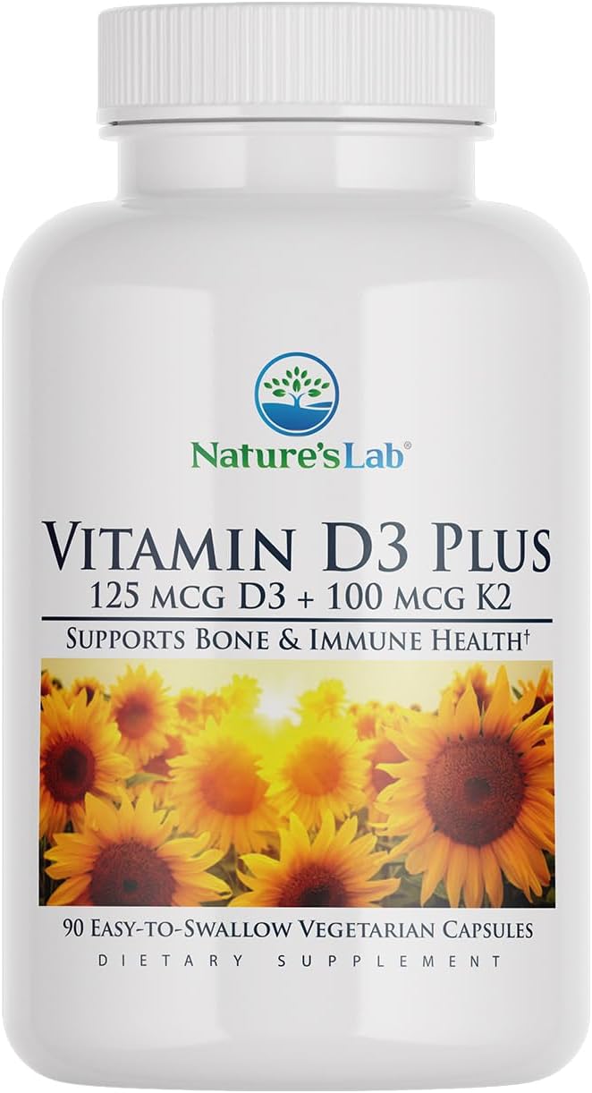 Nature's Lab Vitamin D3 Plus - Vitamina D3 y K2 (MK-7), 5000 UI + 100 mcg, 90 Cápsulas