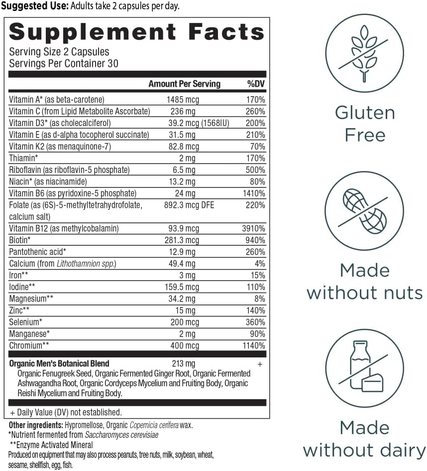 Ancient Nutrition Multivitamínico para Hombres, Multivitamínico Fermentado con Vitaminas Metiladas A, C, D, E, K, Zinc y Magnesio, Apoyo Inmunológico, Vegano, 60 Cápsulas