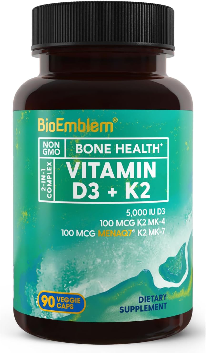 BioEmblem Vitamina D3 K2 Cápsulas - 5000 UI y 200 mcg - MK-7 y MK-4 - 90 Cápsulas