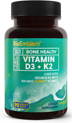 BioEmblem Vitamina D3 K2 Cápsulas - 5000 UI y 200 mcg - MK-7 y MK-4 - 90 Cápsulas