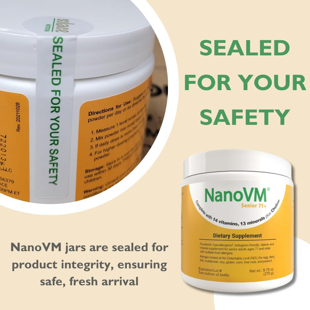 NanoVM Senior 71+ Multivitamin Powder - 14 Vitaminas y 13 Minerales, Sin Alérgenos, Bajo en Carbohidratos, 275g