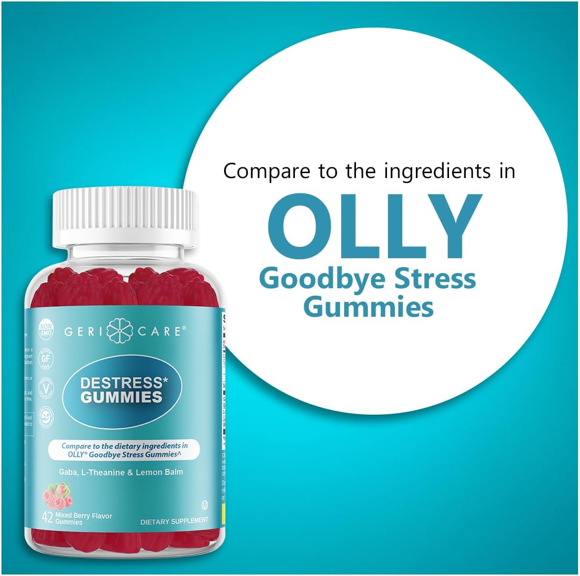 GeriCare DeStress Gummies con GABA, L-Teanina y Melisa - Sabor a Frutos del Bosque - 42 unidades