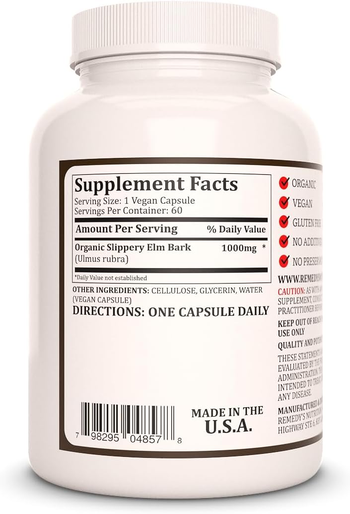Slippery Elm Bark | 1,000 mg, 60 Cápsulas Veganas - Remedy's Nutrition