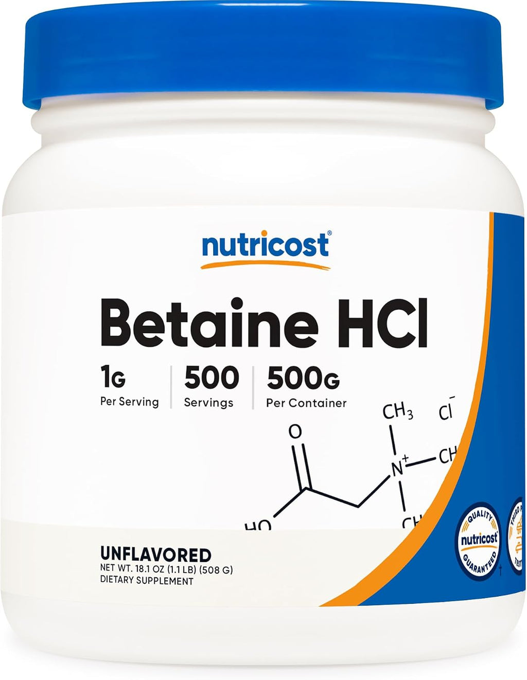 Nutricost Betaína HCl en Polvo 500 g - Sin Gluten, Sin OGM
