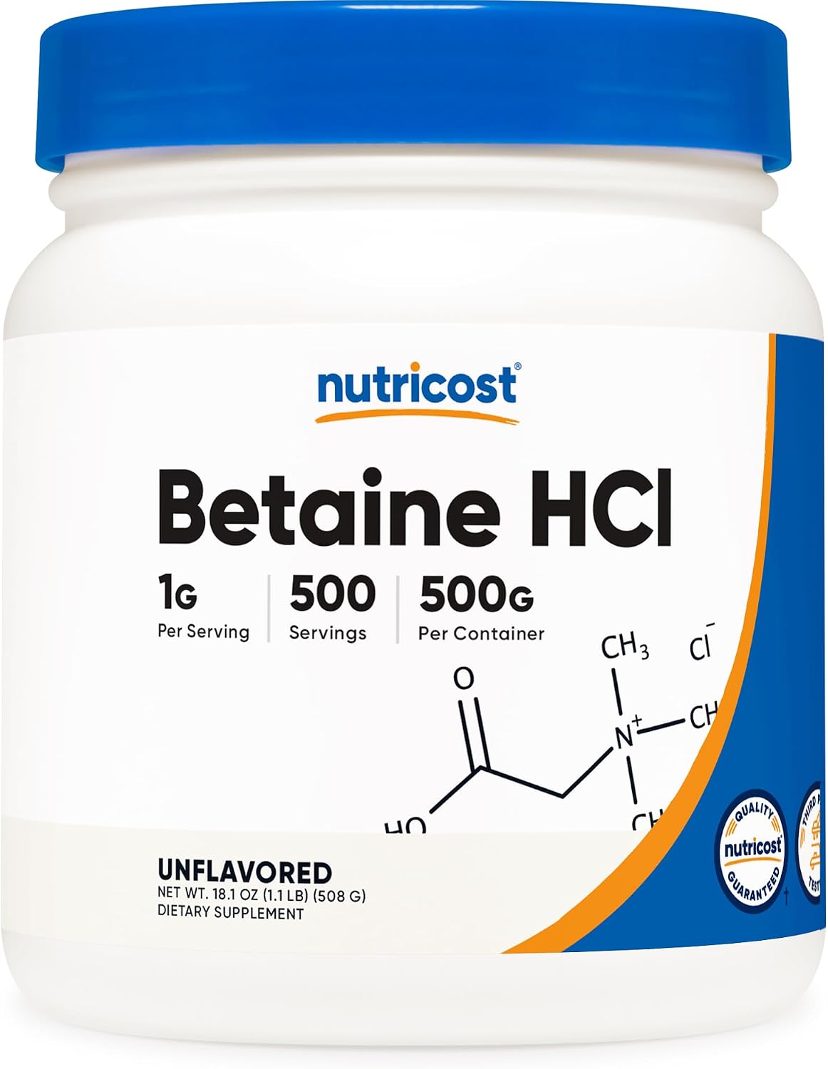 Nutricost Betaína HCl en Polvo 500 g - Sin Gluten, Sin OGM