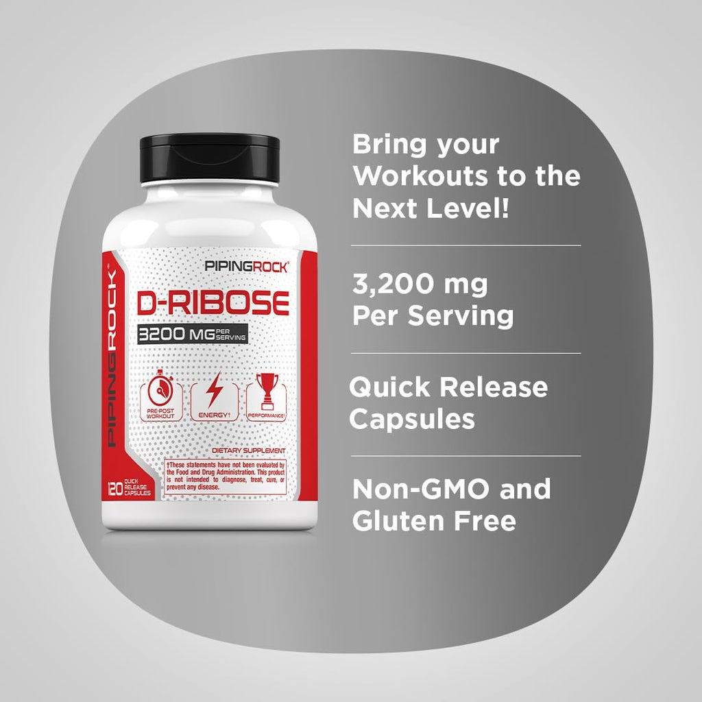 Piping Rock Cápsulas de D-Ribosa | 3200 mg | 120 Cápsulas | Suplemento para Hombres y Mujeres | No OGM, Sin Gluten