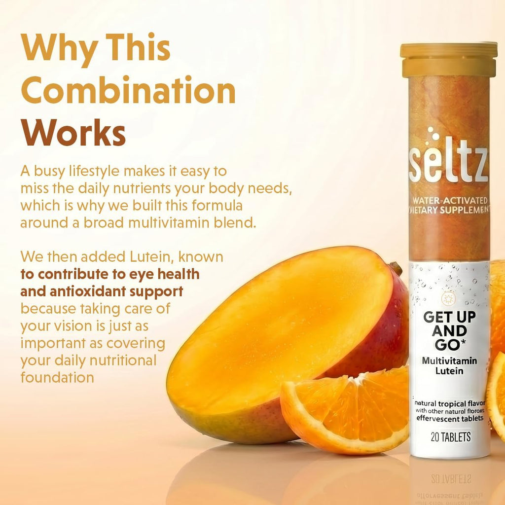 Seltz Multivitamínico en Comprimidos Efervescentes con Luteína, Antioxidante Diario y Apoyo a la Salud Ocular, Get Up and Go, Sabor Tropical, Se Disuelve en Agua, 120 Comprimidos, Paquete de 6