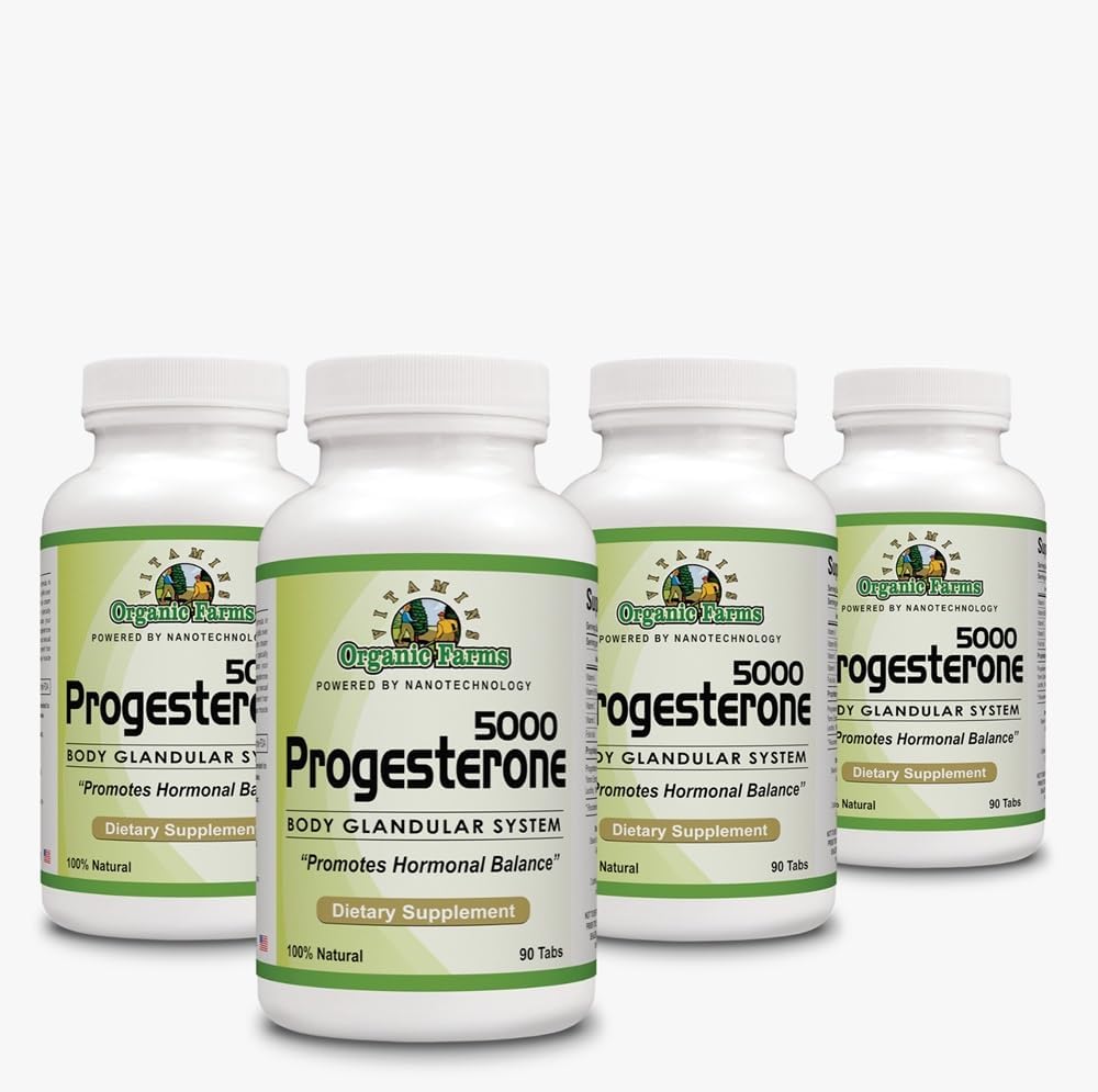 Organic Farms Vitamins Progesterona 5000 Kit de 4 - Suplemento para el Sistema Glandular, 100% Natural, 360 Comprimidos