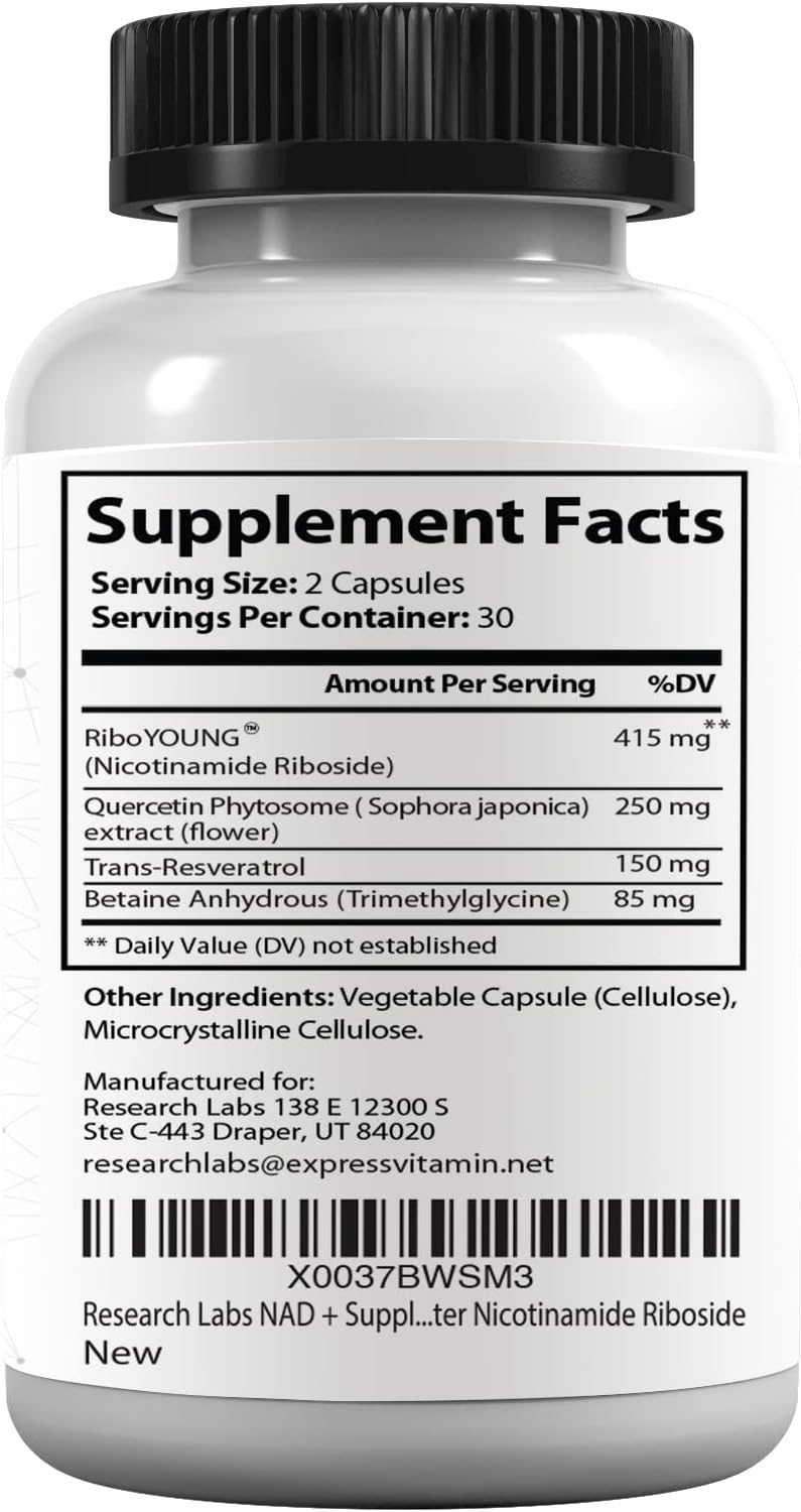 Research Labs NAD+ Supplement 2 por 1 Fórmula Patentada con RiboYOUNG™ | Activador NRF2, Nicotinamida Ribósido, Quercetina, Resveratrol, Betaína