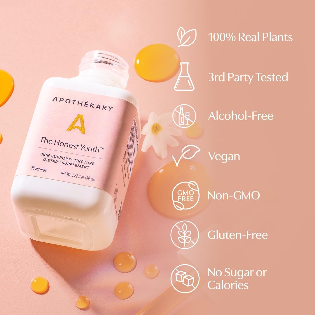 Apothékary The Honest Youth, Gotas Líquidas de Colágeno y Apoyo para la Piel con Hongo Reishi y Tremella, Vegano, Sin Gluten, 30 ml, 30 porciones
