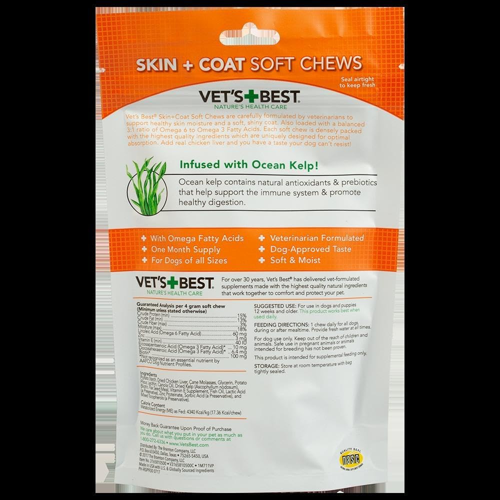 Vet's Best - Suplementos para la Piel y el Pelaje de Perros con Vitamina E y Biotina, 30 Masticables Blandos