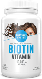 Portions Master Biotina 10000mcg, Cabello, Uñas y Piel (90 Cápsulas Vegetales)