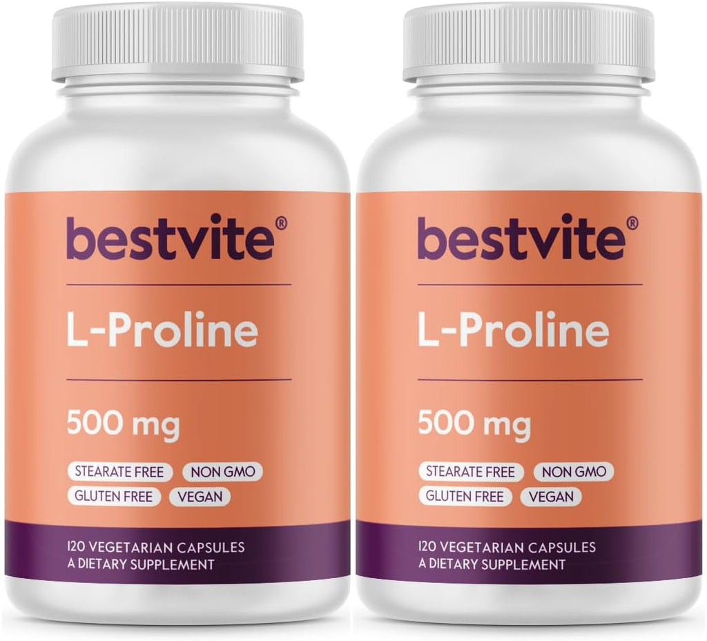 BESTVITE L-Prolina 500mg (240 Cápsulas Vegetarianas) - Sin Estearatos - Sin Rellenos - Vegano - Sin Gluten - No OGM