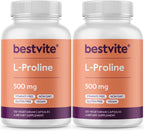 BESTVITE L-Prolina 500mg (240 Cápsulas Vegetarianas) - Sin Estearatos - Sin Rellenos - Vegano - Sin Gluten - No OGM