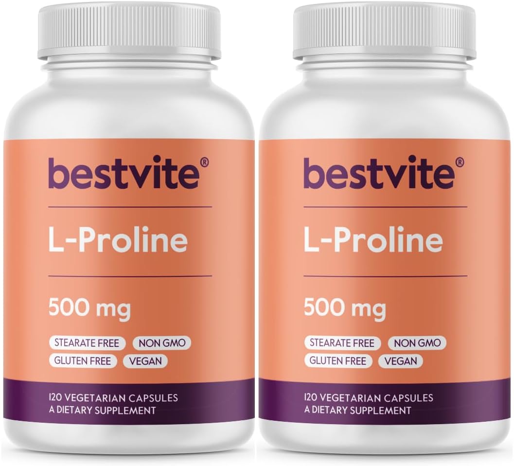 BESTVITE L-Prolina 500mg (240 Cápsulas Vegetarianas) - Sin Estearatos - Sin Rellenos - Vegano - Sin Gluten - No OGM