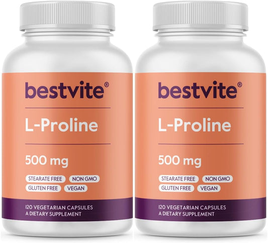 BESTVITE L-Prolina 500mg (240 Cápsulas Vegetarianas) - Sin Estearatos - Sin Rellenos - Vegano - Sin Gluten - No OGM