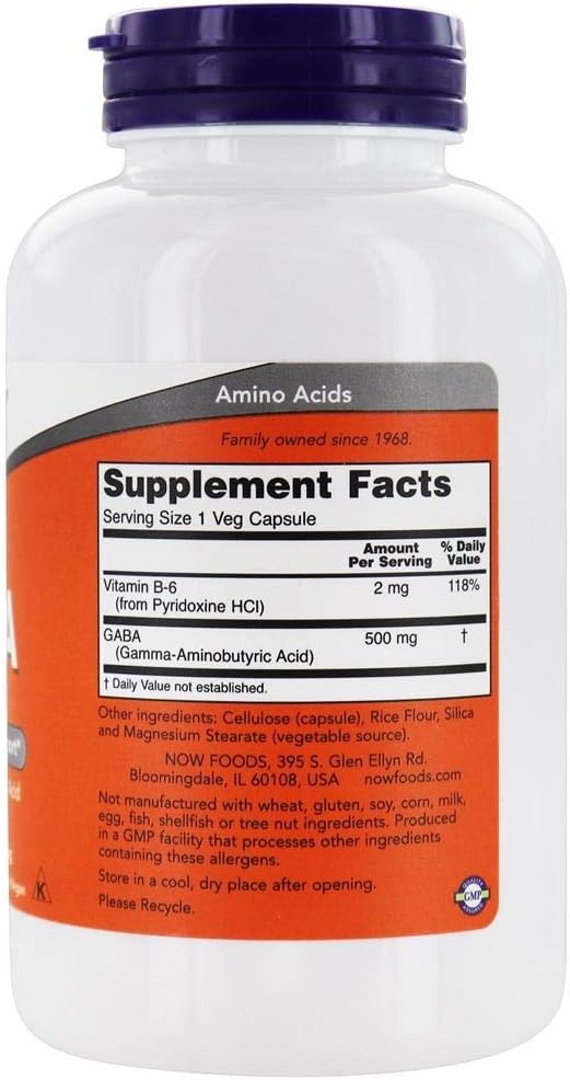 NOW Foods GABA con Vitamina B6, 500 mg, 200 Cápsulas Vegetales