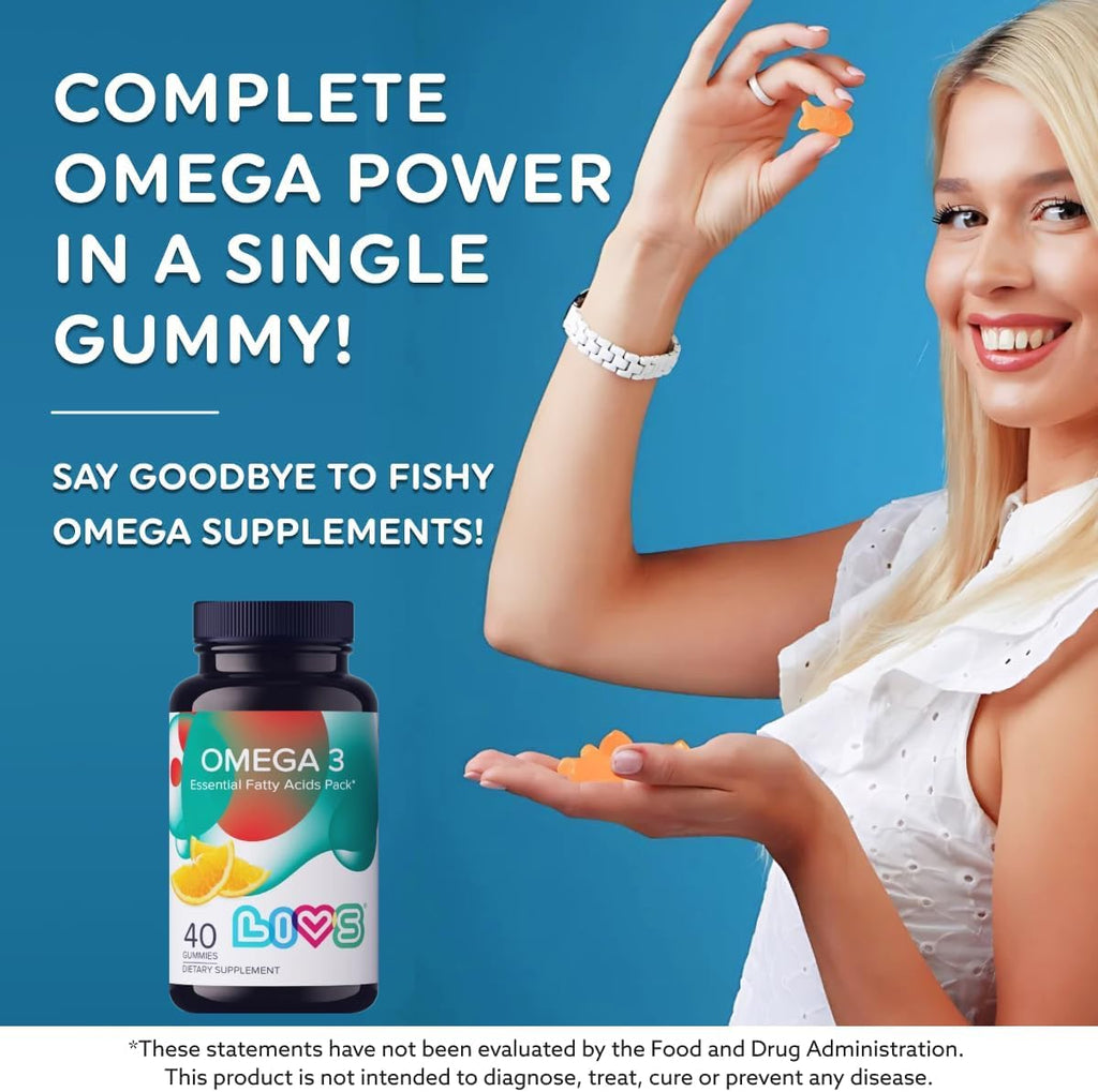 LIVS Gominolas Veganas Omega 3 – A base de Aceite de Linaza – Omega 3, 6 y 9 – Apoyo para el Corazón, el Cerebro y las Articulaciones – Sin Sabor a Pescado – No GMO, con Pectina, Kosher y Halal – 40 Unidades