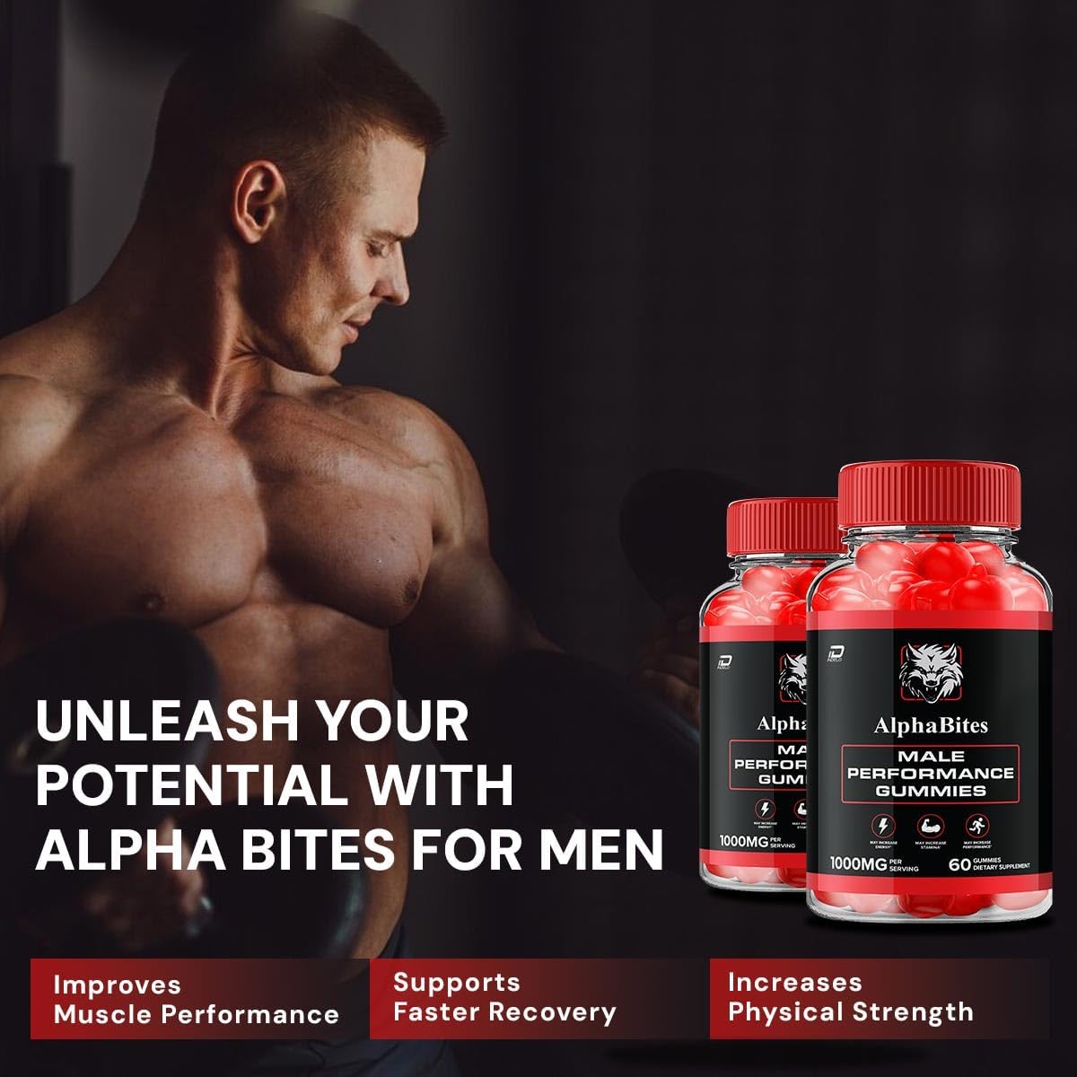 Alpha Bites for Men Gummies – Alphabites Max Performance, Advanced Formula 1000MG, Extra Strength Natural Supplement for Muscle Growth & Overall Health Support (5 Pack – 300 Gummies)