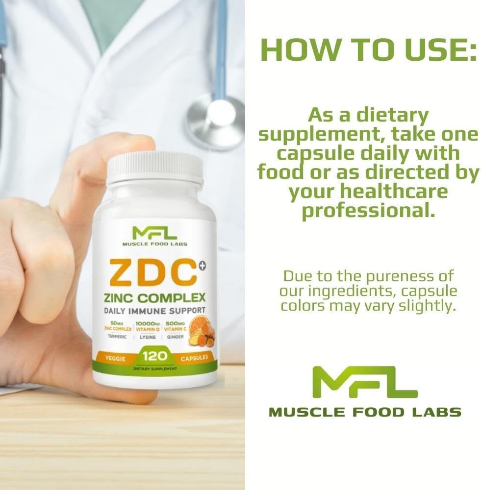 MUSCLE FOOD LABS ZDC Plus | Vitamina C 500mg, D3, Zinc, Cúrcuma, Jengibre, Lisina | 120 Cápsulas Veganas