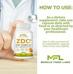 MUSCLE FOOD LABS ZDC Plus | Vitamina C 500mg, D3, Zinc, Cúrcuma, Jengibre, Lisina | 120 Cápsulas Veganas