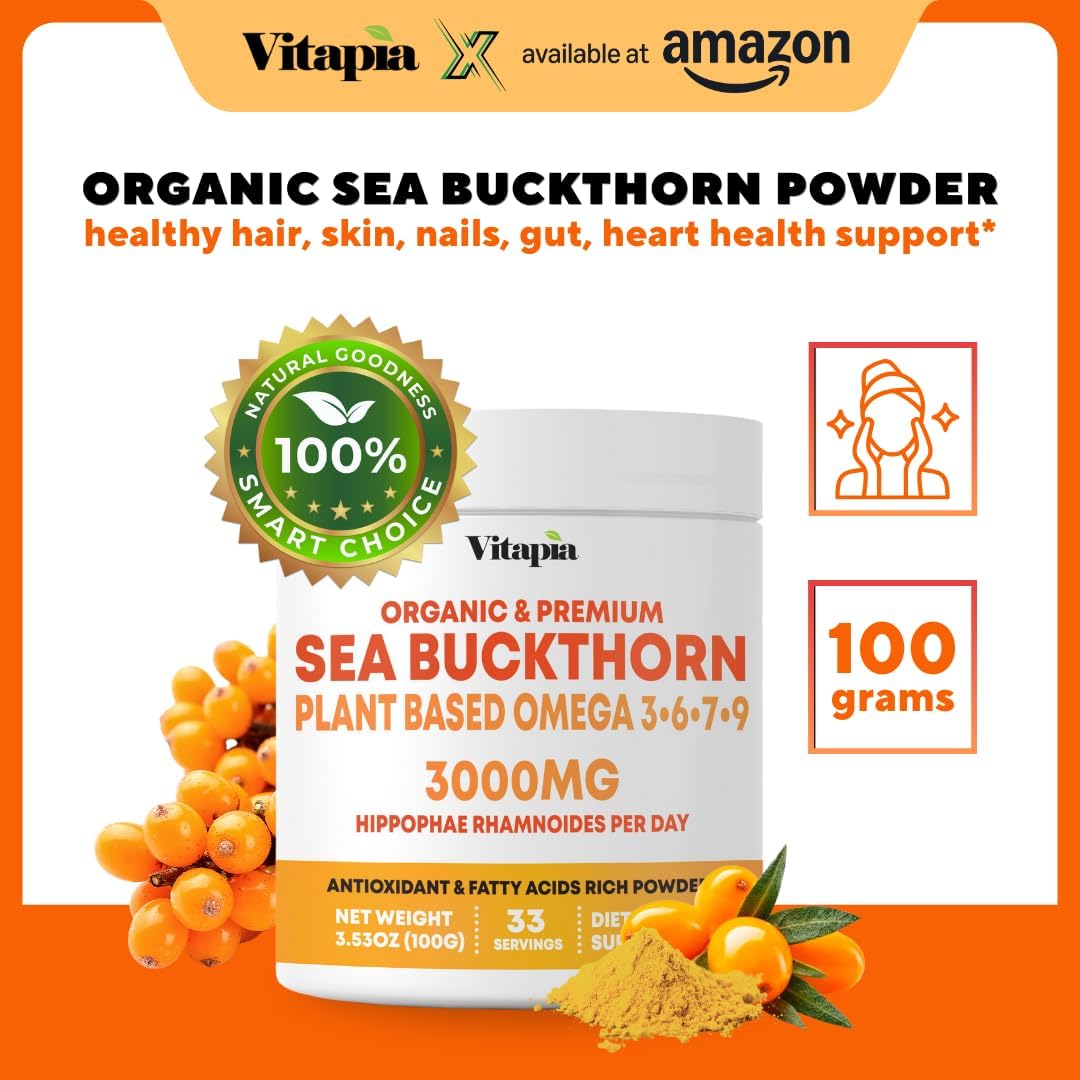 Vitapia - Extracto de Espino Amarillo Orgánico en Polvo con Omega 7 y Omega 3, 6, 9 - 100 g