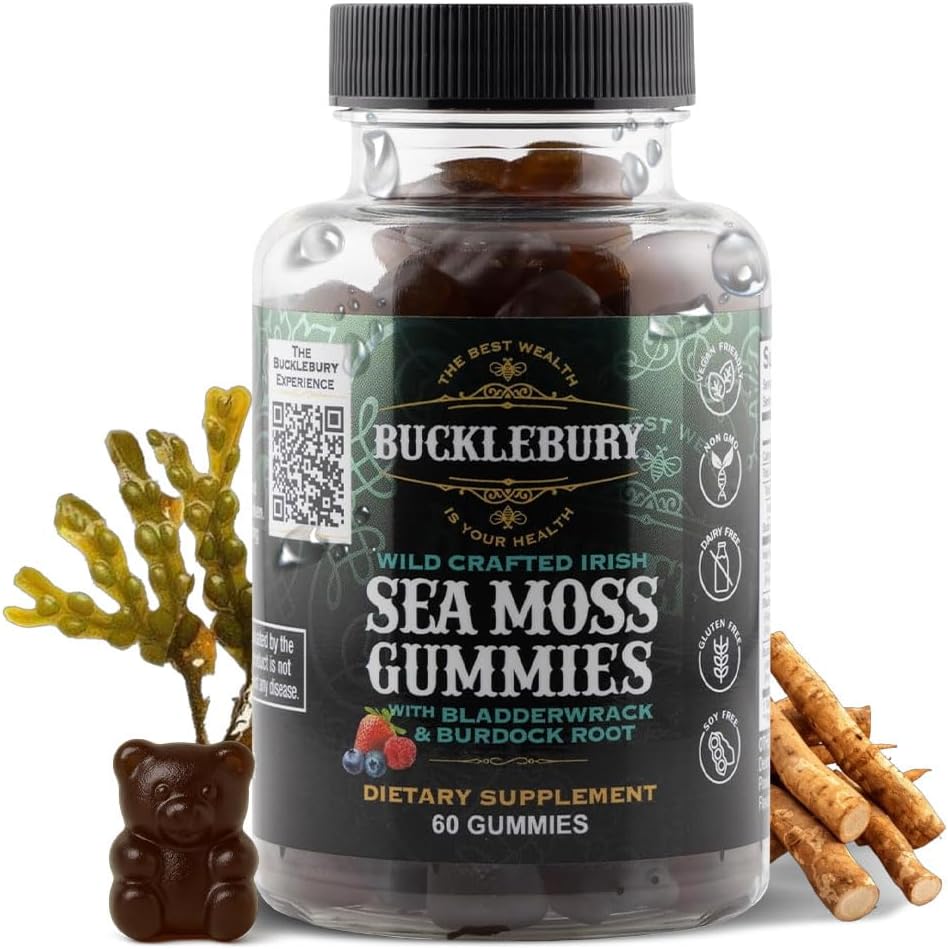 BUCKLEBURY Gominolas de Sea Moss Irlandés con Bladderwrack y Burdock Root - Complemento Alimenticio Vegano - 60 Gominolas